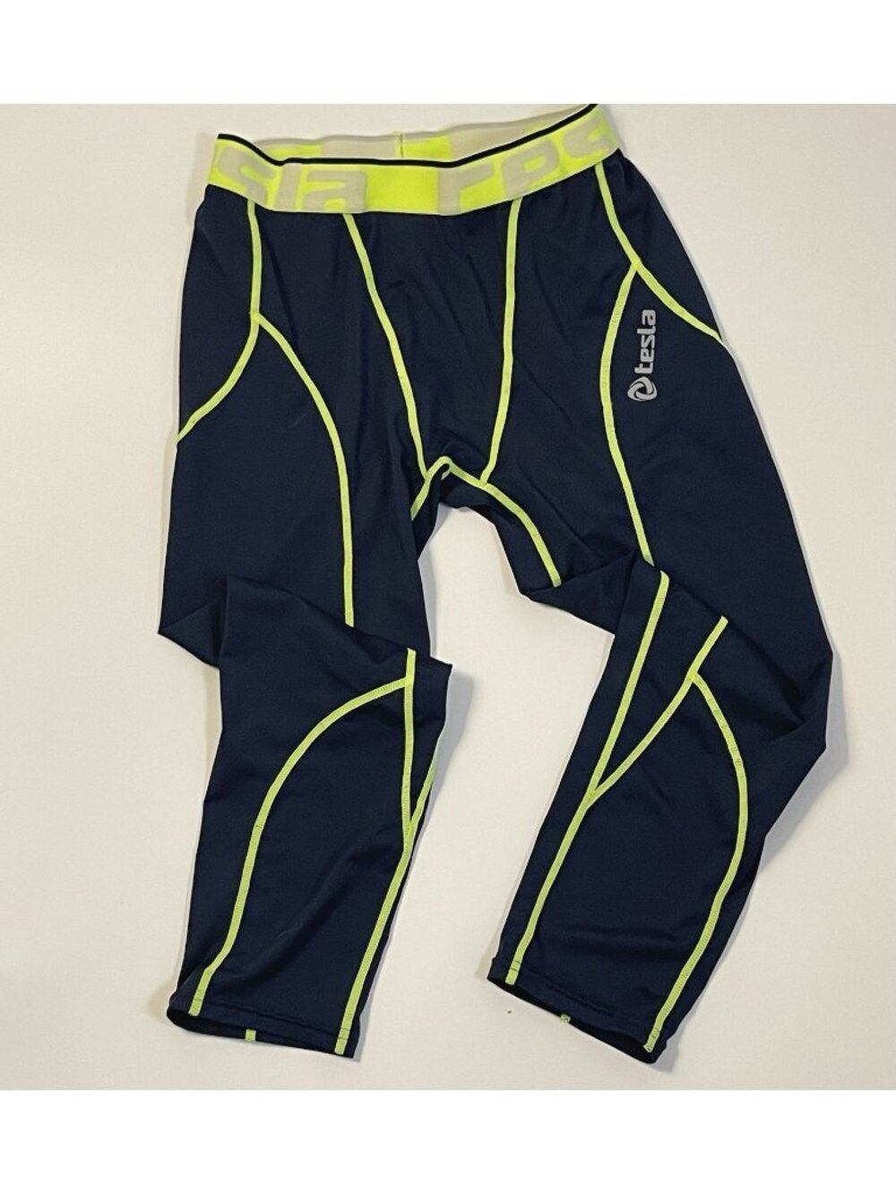 Tesla Compression Capri Leggings Navy Yellow Athletic Base Layer Medium Mens